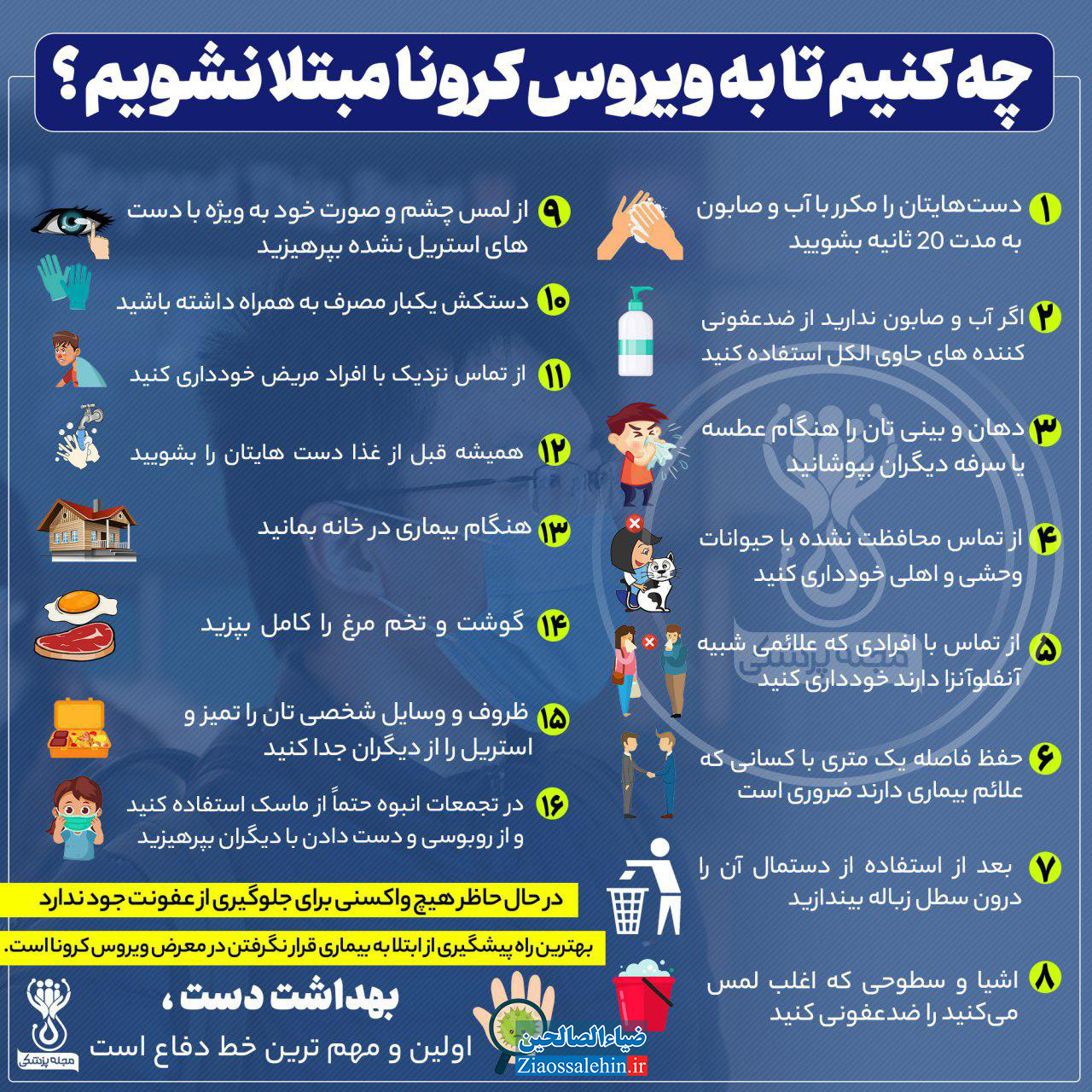 اینفوگرافیک آموزشی 16 راه مقابله با ویروس کرونا | اینفوگرافیک آموزشی چه کار کنیم به کرونا مبتلا نشویم